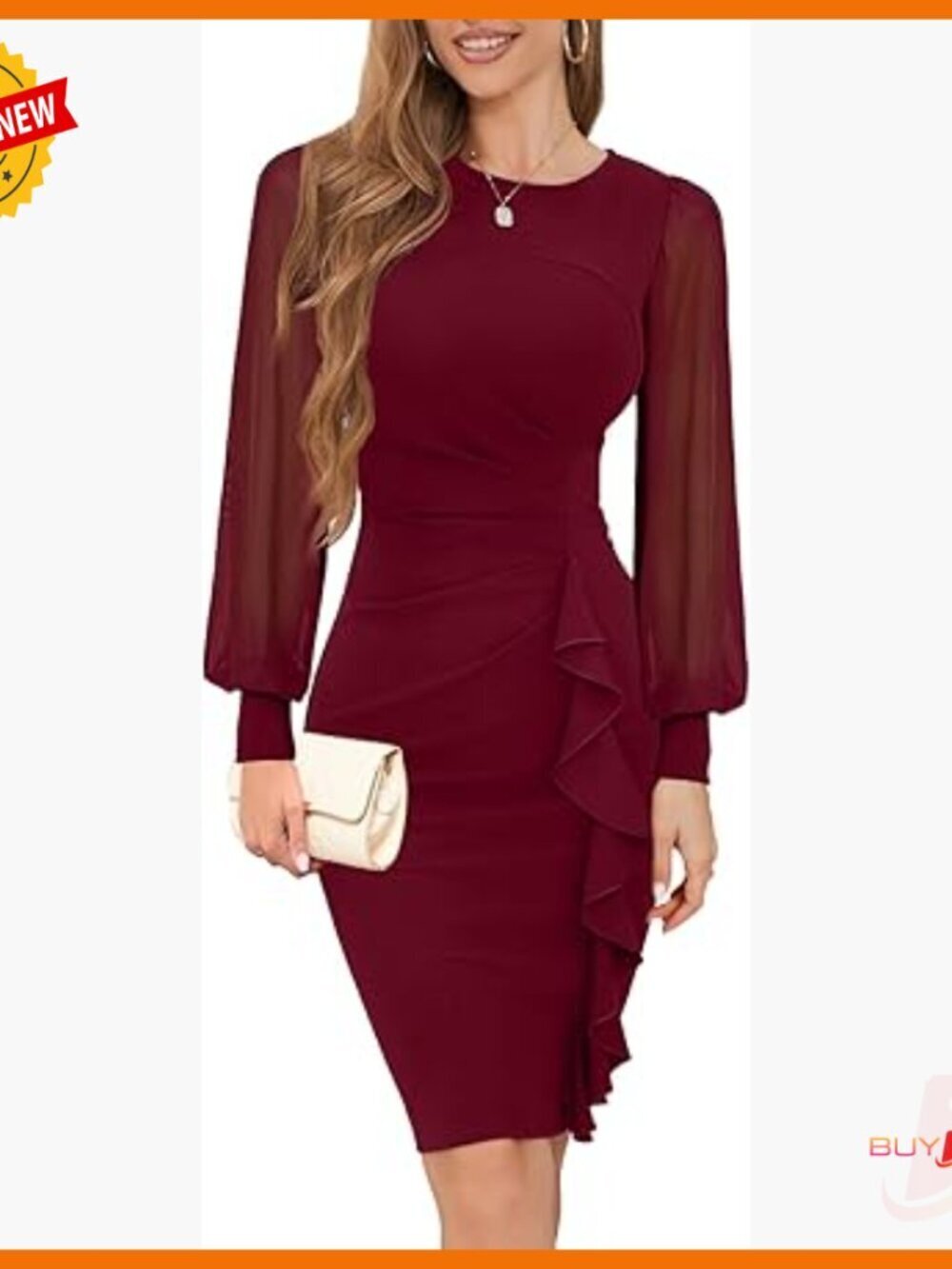 Long Sheer Sleeve Ruched Bodycon Cocktail Dress Work Party